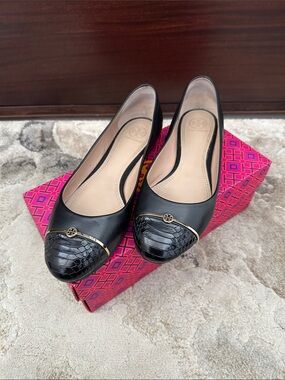 Tory Burch Black Leather Ballet Flats with Croc-Textured Toe and Gold Accent